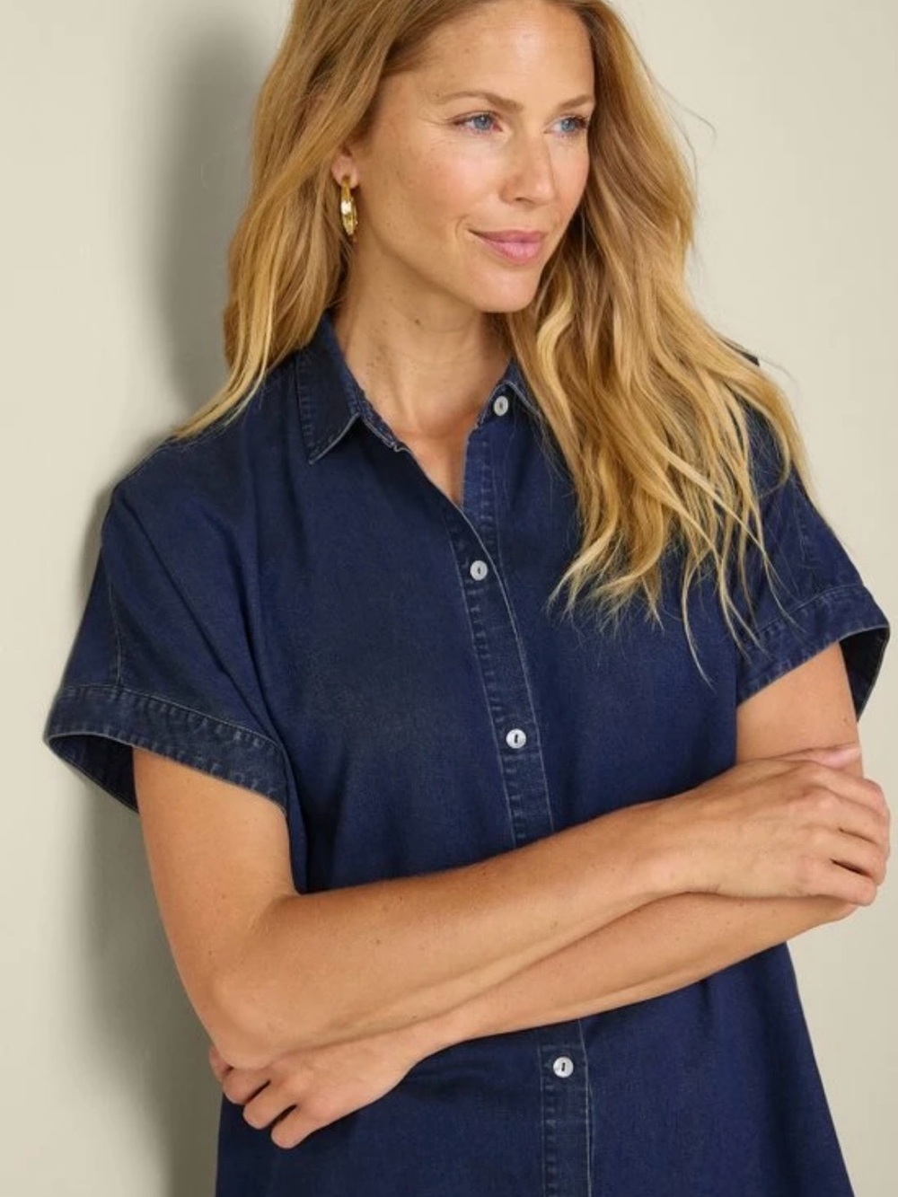 Soft Surroundings Je Veux TENCEL Denim Short-Sleeve Button-Down Shirt 1X